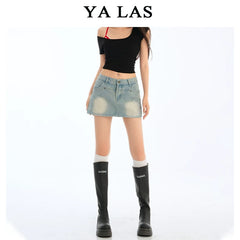 Washed blue denim skirt and pants for women in the summer of 2025, short and slim, versatile design, A-line short skirt
