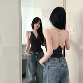 Foreign trade hot girl backless swinging collar hanging neck chain V-neck camisole vest women's inner outfit sexy top pure desire style t-shirt