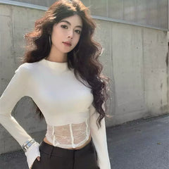 Sexy spicy girl lace patchwork fishbone hourglass waist long sleeved T-shirt for women in spring and autumn, slim fit and slimming design, thin top