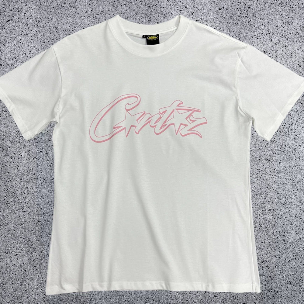 Pink Accent Star-Logo Graphic Tee - White & Pink Streetwear T-Shirt