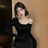 Pure Desire Wind Long Sleeve T-shirt for Women in Spring and Autumn, Spicy Girl, Sexy Slant Neck Design, Slimming Chain Shoulder, Pure Cotton Top