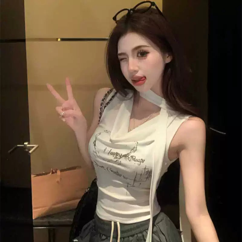Foreign trade American style spicy girl hanging neck strap t-shirt for women's summer design sense, niche slim fit sleeveless short swing collar top