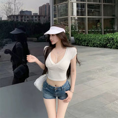 Foreign trade pure desire style short sleeved T-shirt for women in summer, slim fit, front shoulder, spicy girl, sexy V-neck, elastic pure cotton and stylish short top