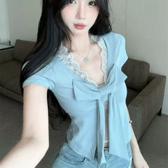 Foreign Trade Spicy Girl V-neck Lace Lace Splicing Short Sleeve T-shirt with Female Bow Hollow Design, Unique Pure Cotton Top