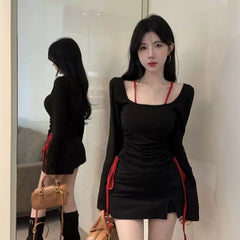 Foreign trade pure cotton square neck long sleeved T-shirt for women, pleated for spring and autumn, pure desire, spicy girl, backless butterfly top, lace base shirt