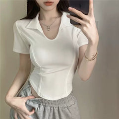Pure desire style white U-neck short sleeved T-shirt for women, slim fit and waist cinching, spicy girl, slimming design sense, short style, elegant clothes