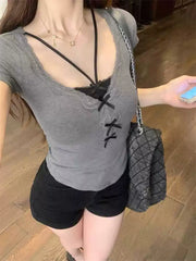 Foreign trade women's summer sweet and spicy pure desire fake two piece lace short sleeved T-shirt women's bow slim fit slimming ins top