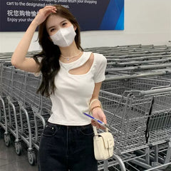 Lazy style hollow out short sleeved T-shirt for women in summer, white slim fit spicy girl round neck design, commuting light mature small top