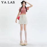 White denim short skirt for women 2025 new style, small height, high waist, lined with anti glare A-line skirt, wrapped buttocks, half body skirt
