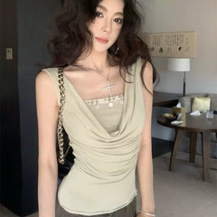 Foreign trade hot girl sexy swinging collar sleeveless fake two-piece vest for women in summer, slim fit and slimming, with an off shoulder t-shirt top