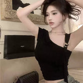 Foreign trade pure desire style one neck irregular off shoulder T-shirt for women, sexy, slim fit, fashionable short top for spicy girls