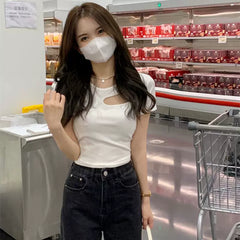 Lazy style hollow out short sleeved T-shirt for women in summer, white slim fit spicy girl round neck design, commuting light mature small top