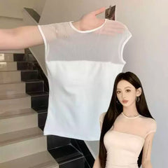 Mesh splicing perspective short sleeved T-shirt for women in summer, sexy and sexy, slim fit, pure desire, ins temperament top