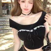Foreign trade sexy bow lace lace U-neck short sleeved T-shirt for women summer black slim fit backless short top for spicy girls