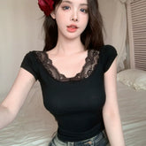 Foreign trade pure desire style spicy girl lace lace lace design sense short sleeved T-shirt summer slim fit temperament pure cotton short top