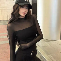 Sexy mesh patchwork half high neck long sleeved t-shirt for women in spring and autumn, slim fit and slimming short style, ins top, spicy girl style