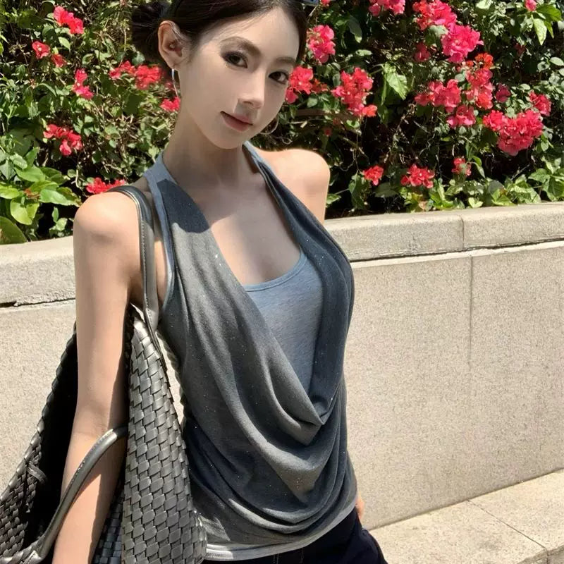 Foreign trade fake two collar camisoles women's summer sleeveless outerwear design pure desire style spicy girl gray top