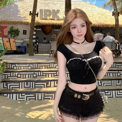 Foreign trade sexy hot girl short sleeved t-shirt women backless summer pure cotton slim fit U-neck lace pure desire short style crop top