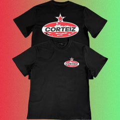 Cortiez Red Star Oval Logo Graphic Black T-Shirt (Front & Back Print)