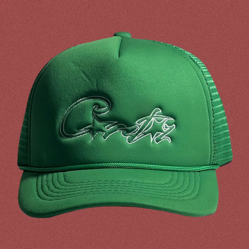 Corteiz Vintage Green Trucker Hat with White Script and Star Graphic