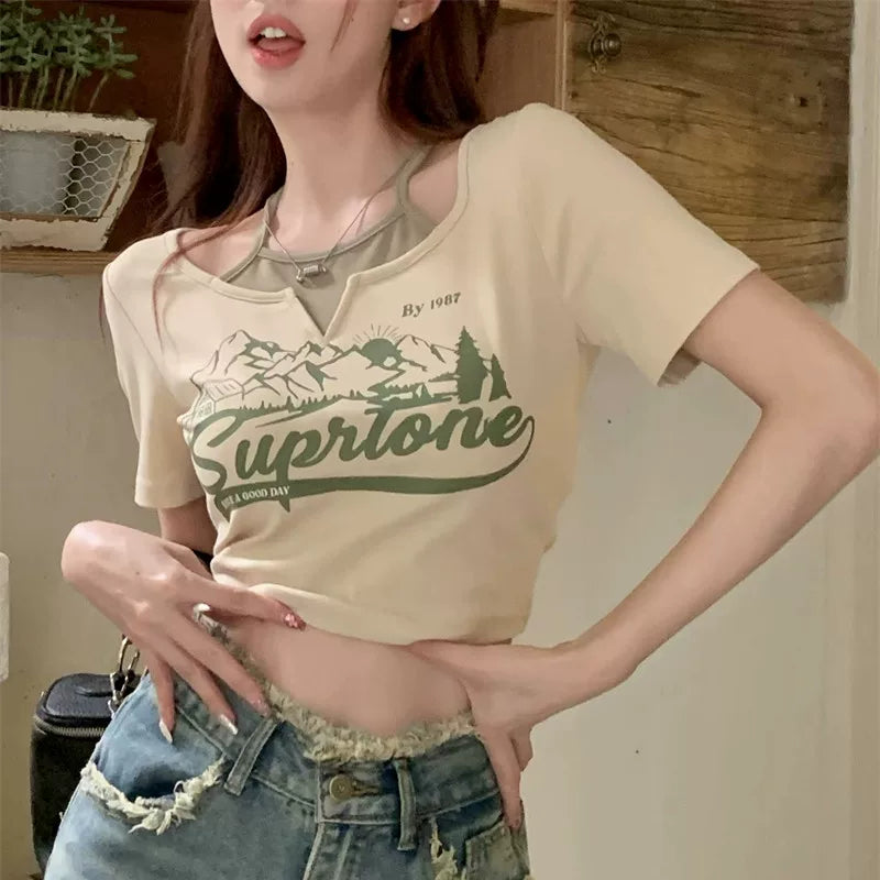 Foreign trade 2024 new summer vacation two slim fit pure desire style spicy girl ice silk short sleeved T-shirt women's short ins top