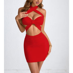 2026 Amazon Cross border New Women's Short Skirt European and American Summer Hollow Neck Bag Hip Sexy Dress