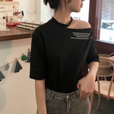 2023 early summer new black chic half sleeved hanging neck off shoulder top, women's American style base short sleeved t-shirt, ins trend