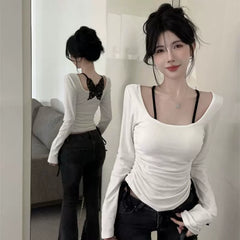Foreign trade pure cotton pure desire style fake two-piece hanging neck, backless butterfly lace, niche design, long sleeved T-shirt, women's base
