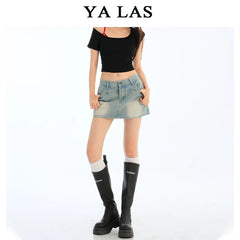 Washed blue denim skirt and pants for women in the summer of 2025, short and slim, versatile design, A-line short skirt
