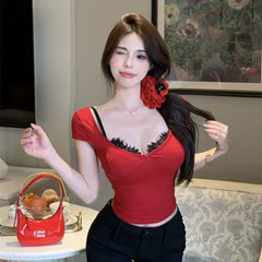 Foreign trade American internet celebrity V-neck short sleeved T-shirt, women's summer red lace splicing, slim fit and slimming, spicy girl personality clothes