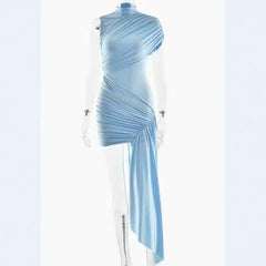 2026 European and American women's summer new fashionable slim fit round neck pleated bag hip irregular sleeveless sexy dress