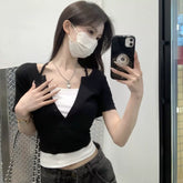 Spicy girl style fake two piece neck hanging short sleeved T-shirt for women, summer V-neck sexy slim fit, slimming and high waist short style, light and mature clothes