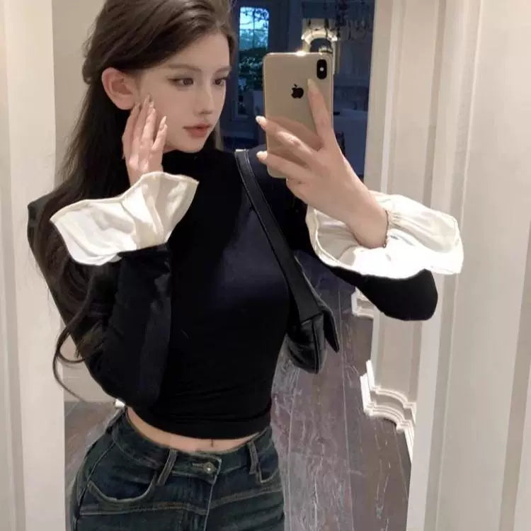 Foreign trade black velvet top with spliced flared sleeves for slim fit and slimming effect, paired with a semi high neck base shirt and women's long sleeved t-shirt