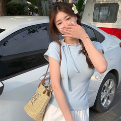 Foreign trade pure desire style spicy girl pure cotton short sleeved summer high neck design tie up T-shirt women's sweet cool chic short top