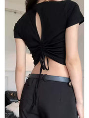 Foreign trade backless drawstring design short sleeved t-shirt women's pure cotton summer spicy girl short top this year's popular small shirt