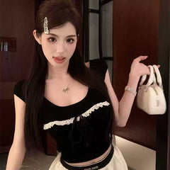 Foreign trade pure desire style spicy girl backless short sleeved t-shirt women's pure cotton lace sweet short style unique exposed navel short top ins