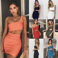 2026 summer new European and American women's clothing Amazon hot one shoulder chest wrapped sexy nightclub hip wrapped dress
