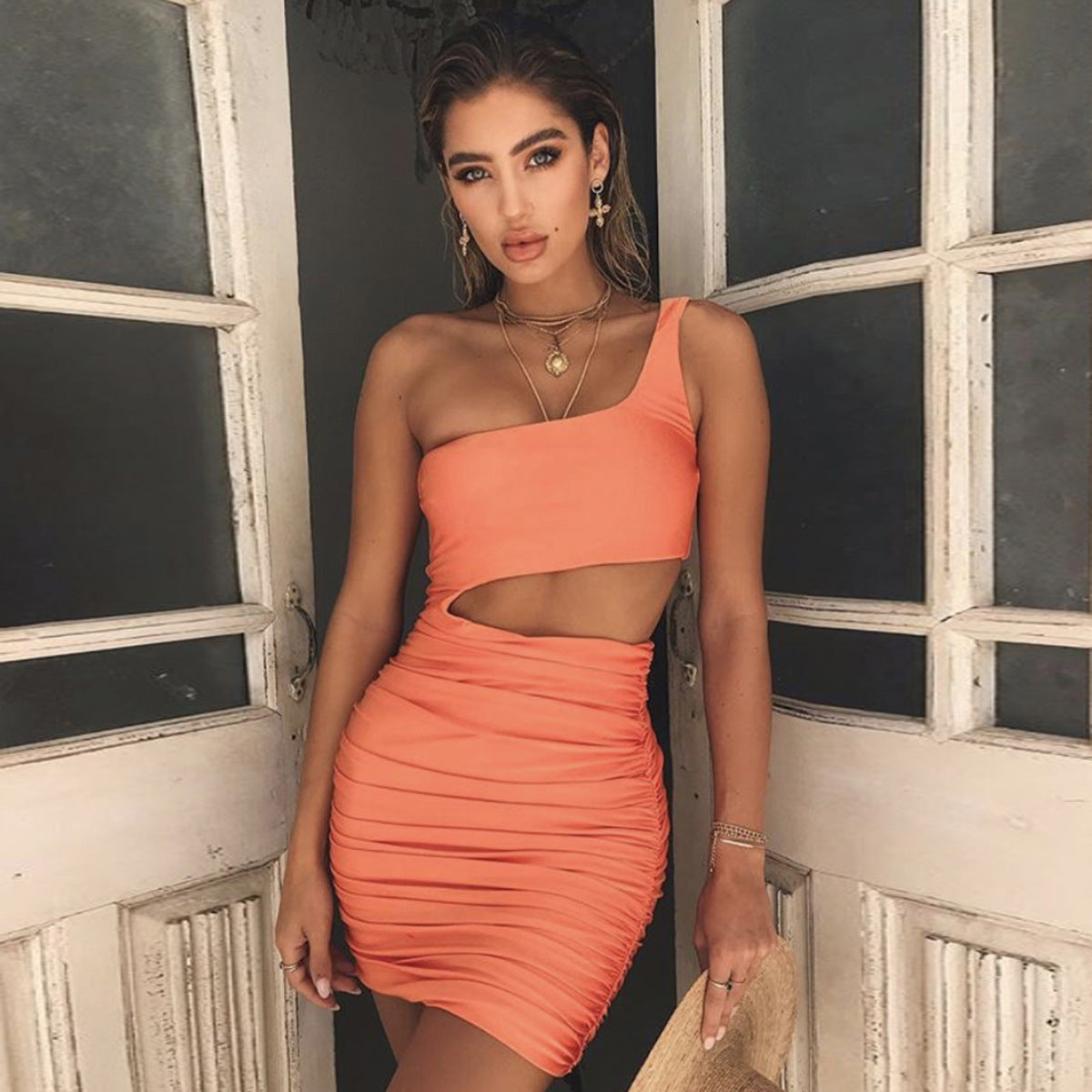 2026 summer new European and American women's clothing Amazon hot one shoulder chest wrapped sexy nightclub hip wrapped dress