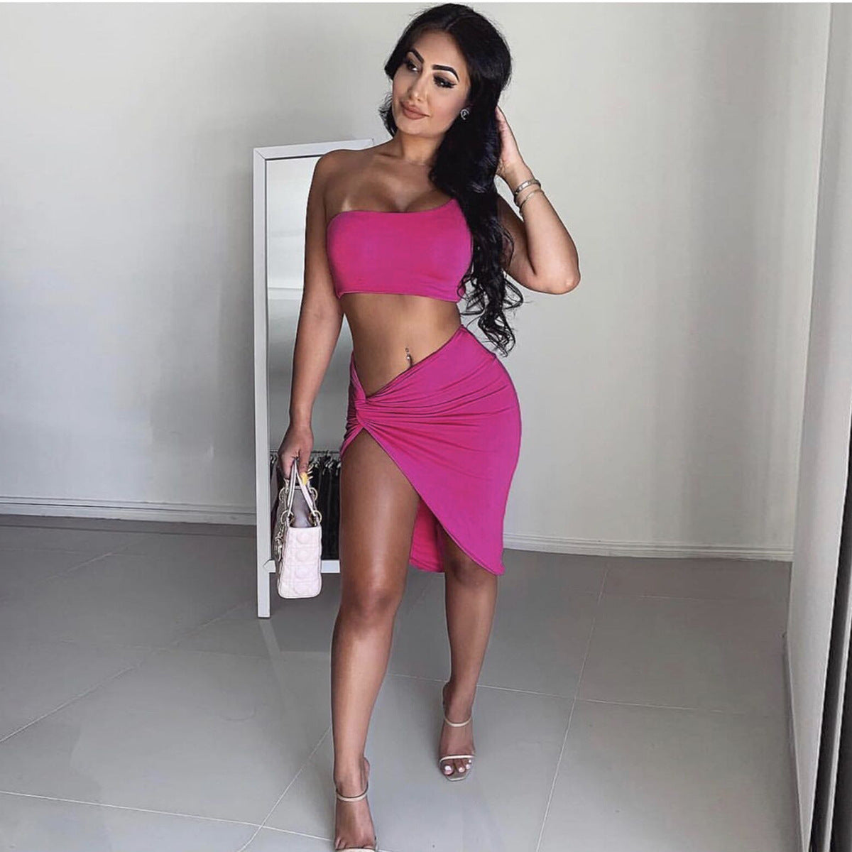 2026 Spring New Women's Clothing Amazon Cross border Skirt European and American Two Piece Set One Shoulder Open Umbilical Sexy Dress