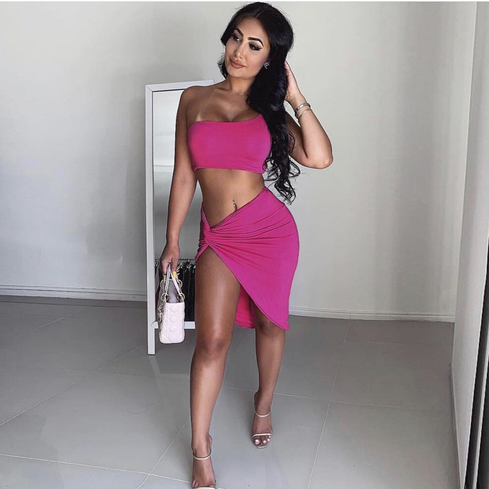2026 Spring New Women's Clothing Amazon Cross border Skirt European and American Two Piece Set One Shoulder Open Umbilical Sexy Dress