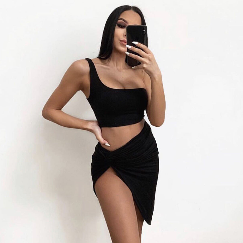 2026 Spring New Women's Clothing Amazon Cross border Skirt European and American Two Piece Set One Shoulder Open Umbilical Sexy Dress