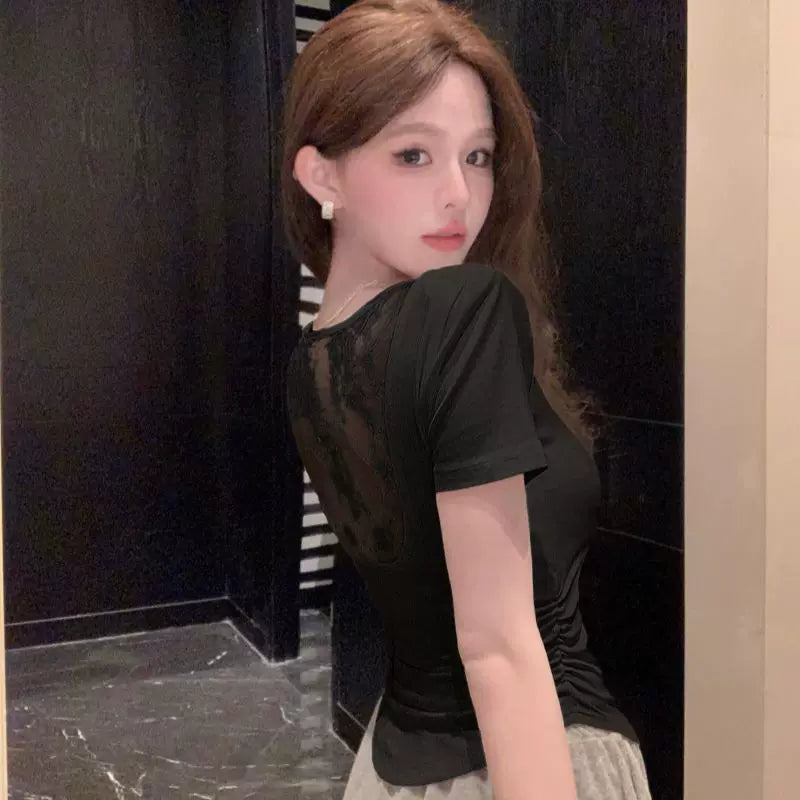 Foreign trade spicy girl black lace short sleeved T-shirt for women in summer, slim fit and slimming, round neck, pure desire, simple and versatile ins top