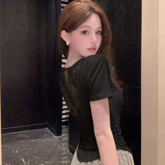 Foreign trade spicy girl black lace short sleeved T-shirt for women in summer, slim fit and slimming, round neck, pure desire, simple and versatile ins top