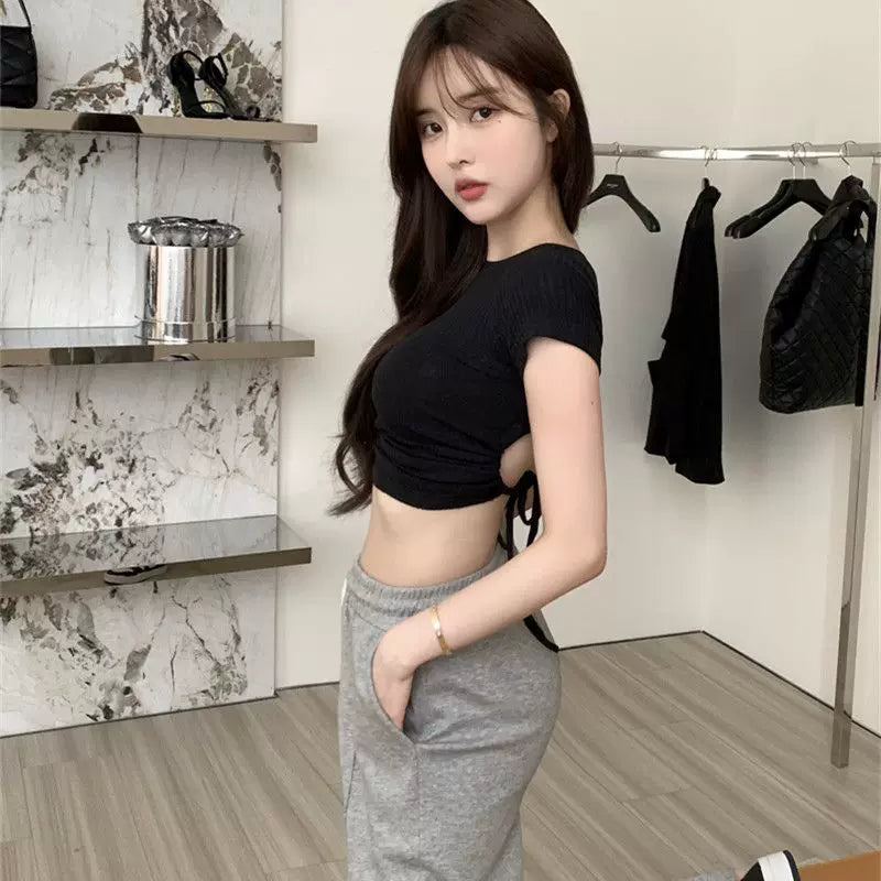 American style spicy girl style black short sleeved T-shirt women's summer backless hollow lace up sexy slim fit niche chic top