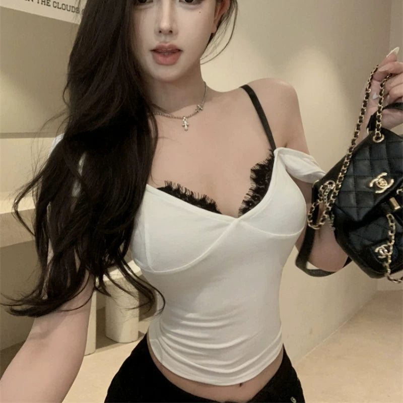 Foreign trade pure desire style short sleeved t-shirt women's summer pure cotton slim fit sexy lace design sense short V-neck fake two-piece top