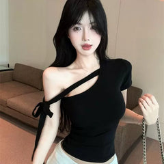 Foreign Trade 2026 New Sexy Slant Shoulder Short sleeved T-shirt for Women's Summer Design with Strap, Slim Fit, Spicy Girl Cotton Top