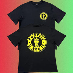 Cortiez U See It Yellow Round Logo Graphic Black T-Shirt (Front & Back Print)