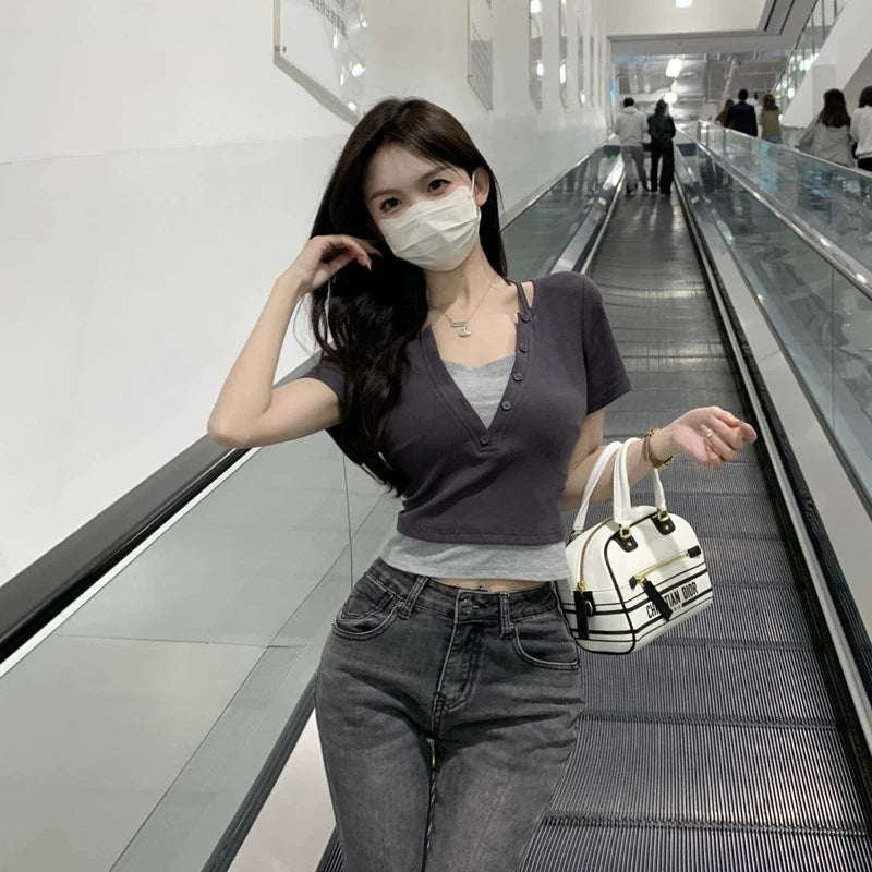 Foreign trade tail goods elastic thread pure cotton high waist short T-shirt women's summer new item fake two-piece short sleeved shoulder top