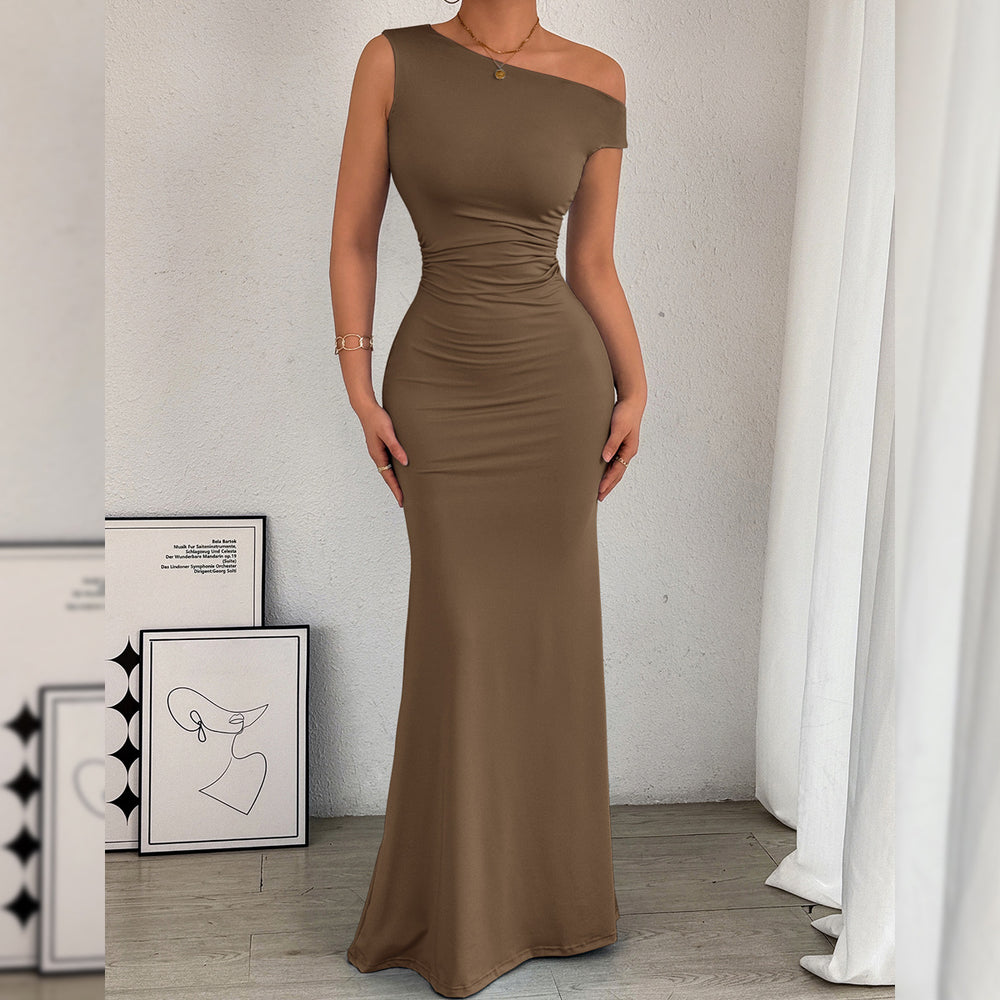 2026 European and American Cross border Women's Fishtail Skirt Amazon Hot Item Slant Shoulder Collar Waist Wrinkled Sleeveless Sexy Dress