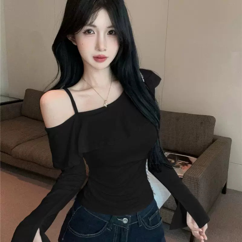 Pure desire style long sleeved t-shirt for women with split flared sleeves, spicy girl with slanted collar and ruffled edges, ins off shoulder top, pure cotton base shirt